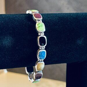 Sterling Silver Multi color Natural Stone Link Bracelet